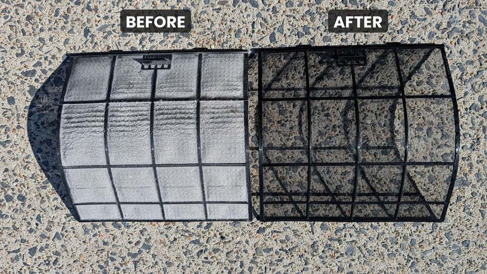 Air conditioner filter before and after a service clean